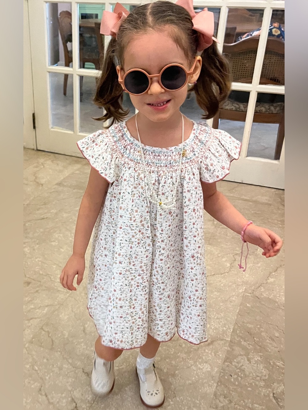 Babidu Spanish Brand Floral Smocked Dress in White with Pink and Green